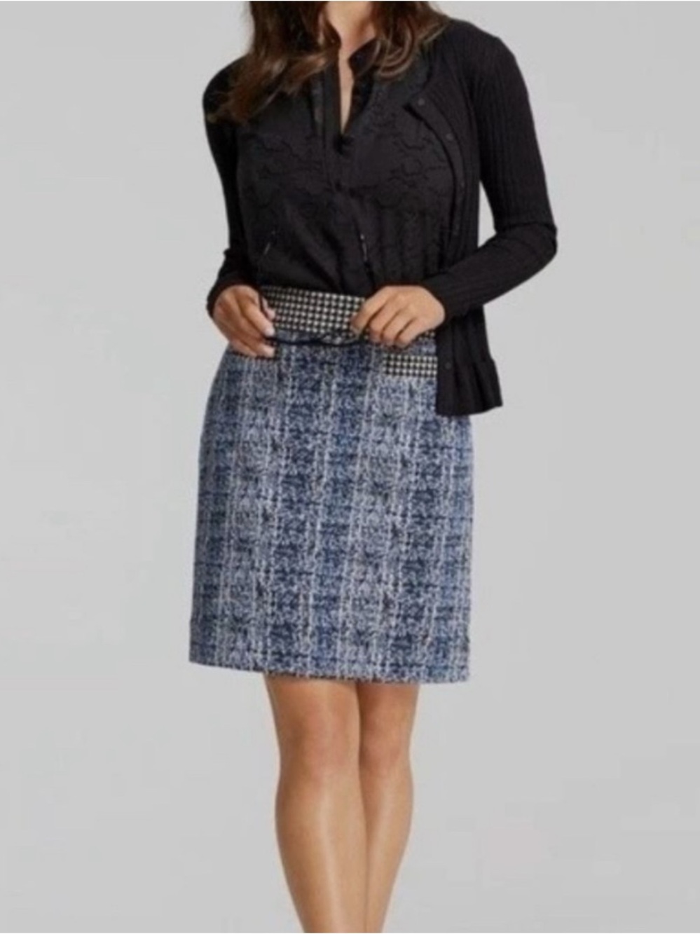 Cabi Reina Blue Tweed A-Line Skirt Size 2 Houndstooth Preppy